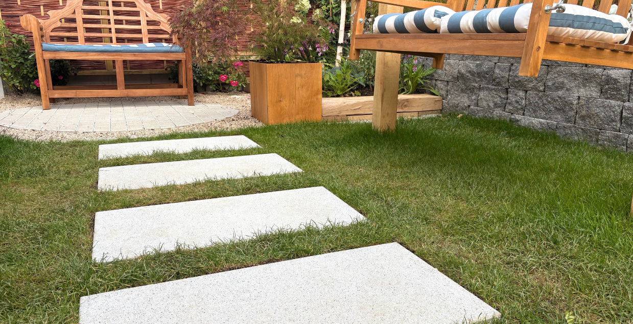 Massimo silver granite as stepping stone for garden patio
